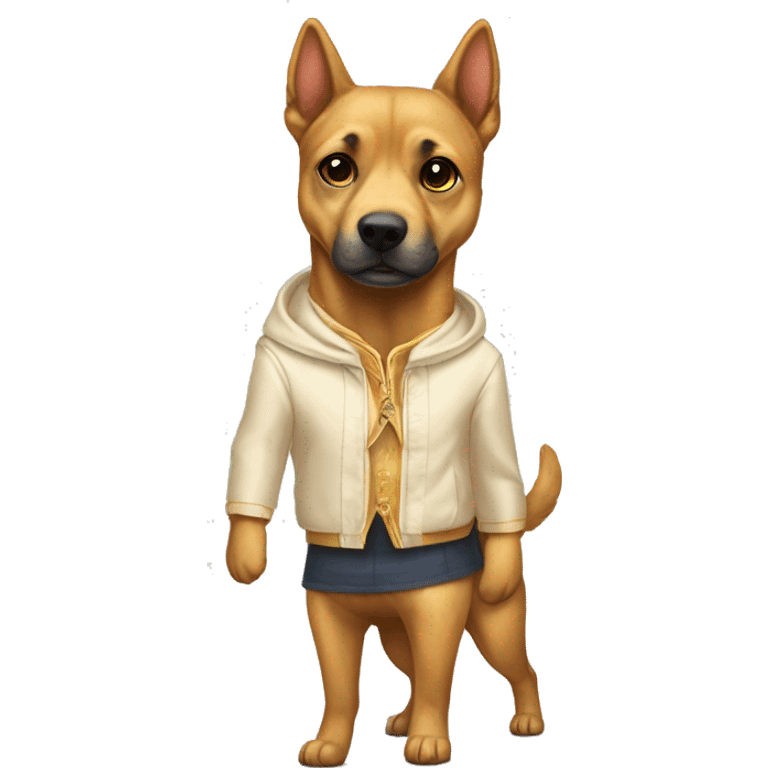 un alce vestido con ropa mormona pasaendo un perro golden emoji