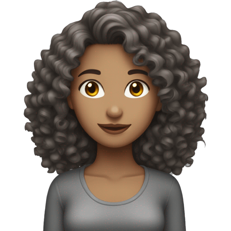 brunette with curly hair and gray cat emoji