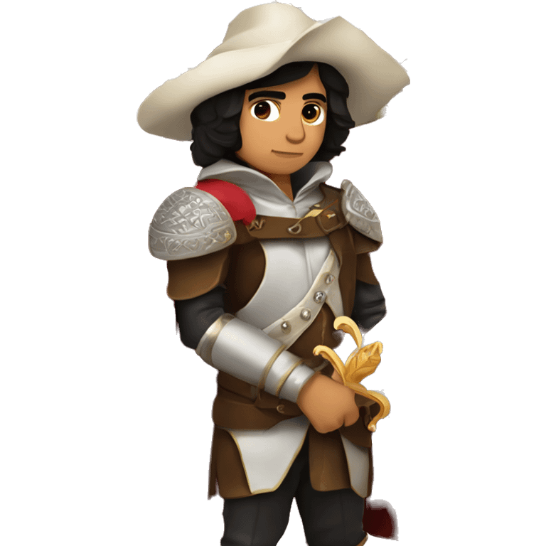 canela skin boy dark hair musketeer with red rose shoulder medieval cape and sword emoji