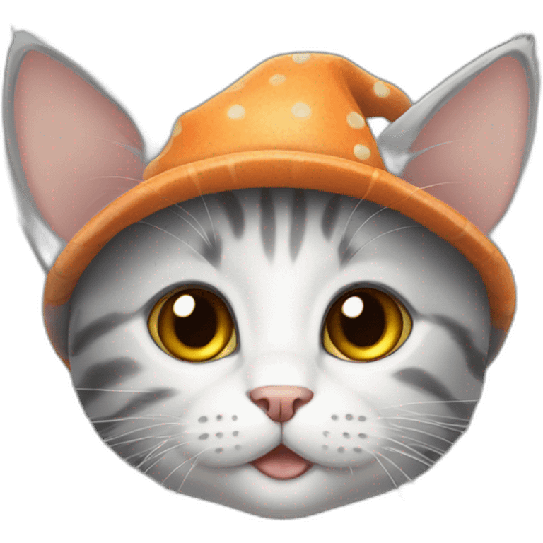 Grey kitten with white spots wearing a pumpkin hat emoji