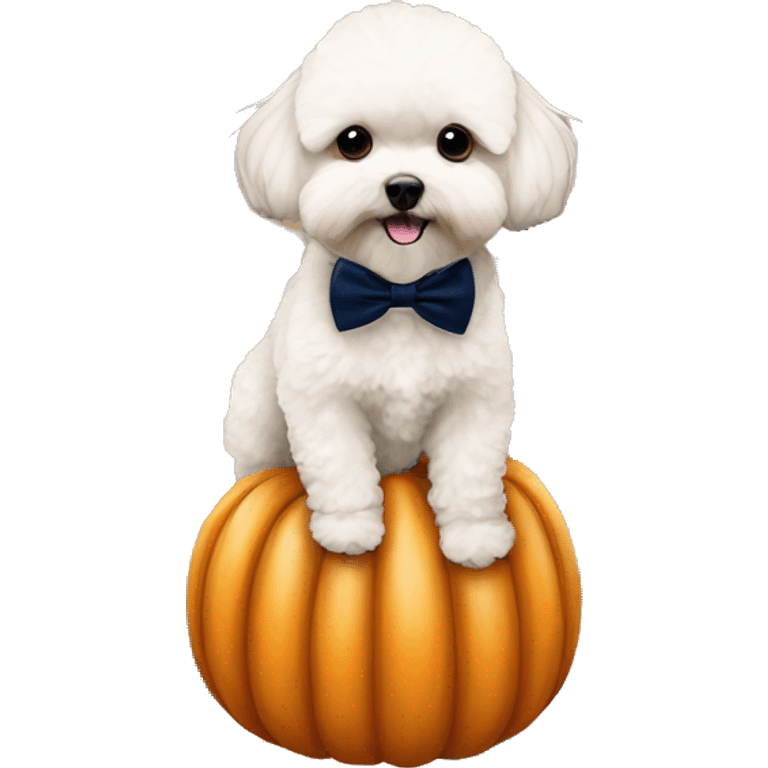 alricot maltipoo sitting on large pumpkin wearing a navy blue bow tie  emoji