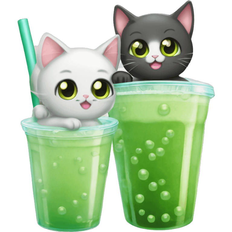 Bubble tea cat couple, miliky , green bubbles emoji