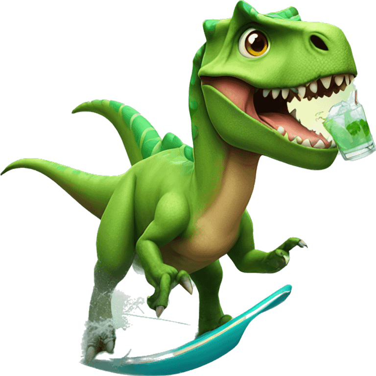 Dinosaur surfing with a mojito in hand emoji