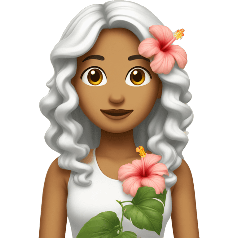 Chica blanca con pelo ondulado con una flor d hibiscus  emoji