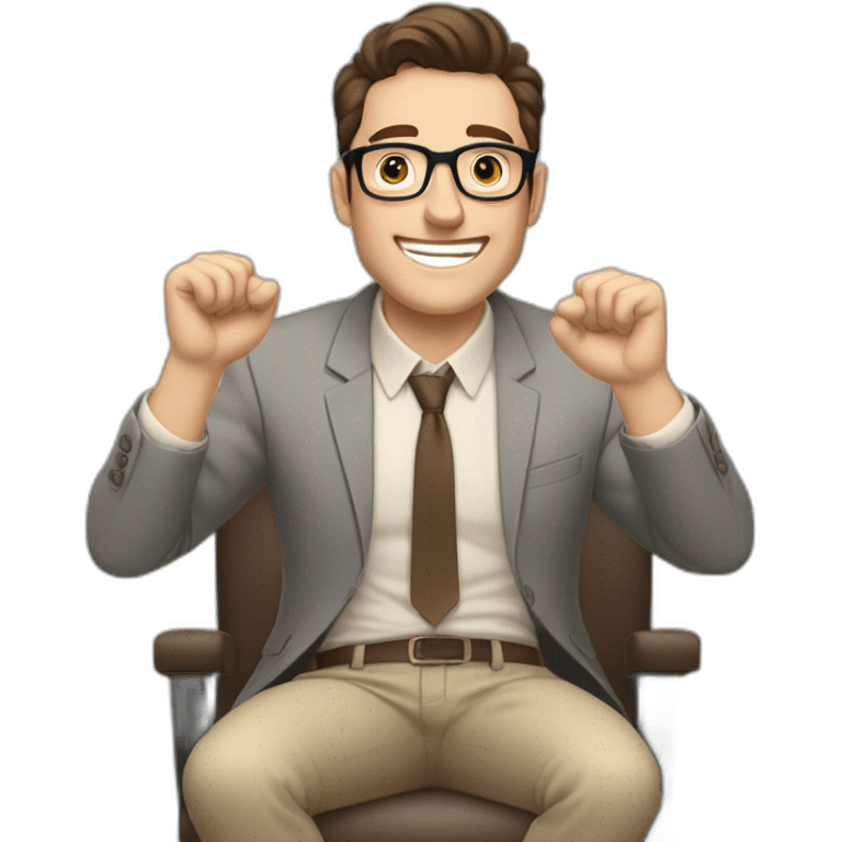 Joyful Celebrating victory Hands up Pale skinned Fit Man With dark brown hair in gray jacket, beige office shirt, Brown pants and vintage glasses sitting In a soft chair emoji