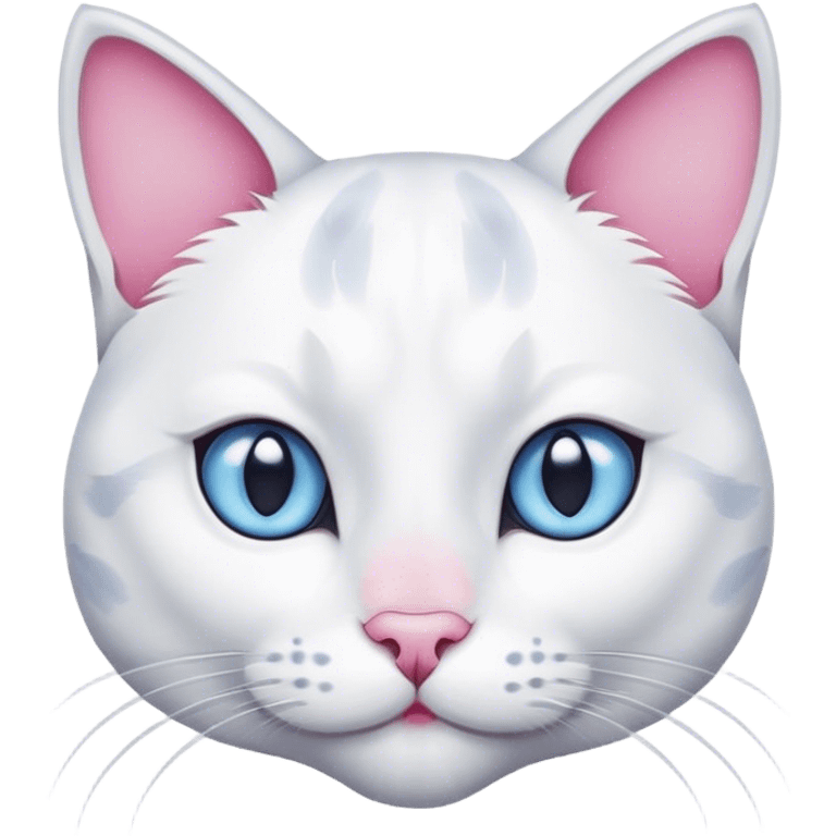 White female cat with grey ears and a face with grey spots, a pink nose and dark blue eyes. emoji