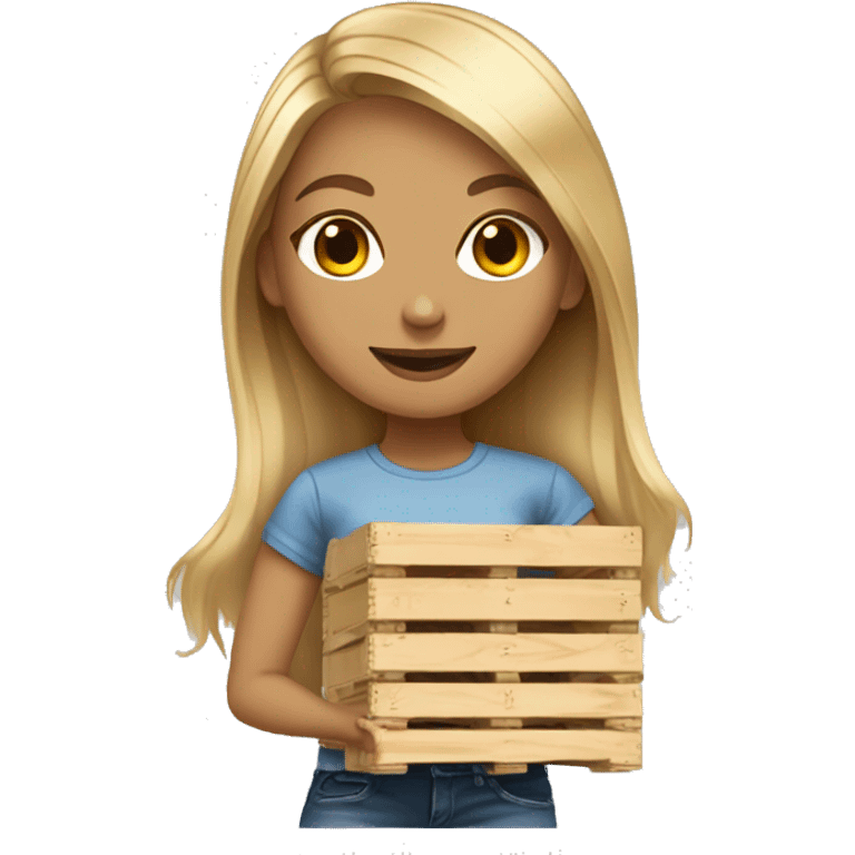 young long hair blonde woman in jeans tshirt and tennis shoes with a wooden pallet emoji