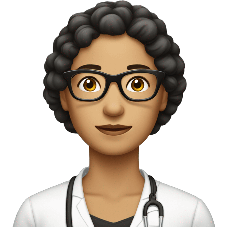 Terapeuta holistica, mujer muy madura con lentes y cabello negro hasta los hombros emoji