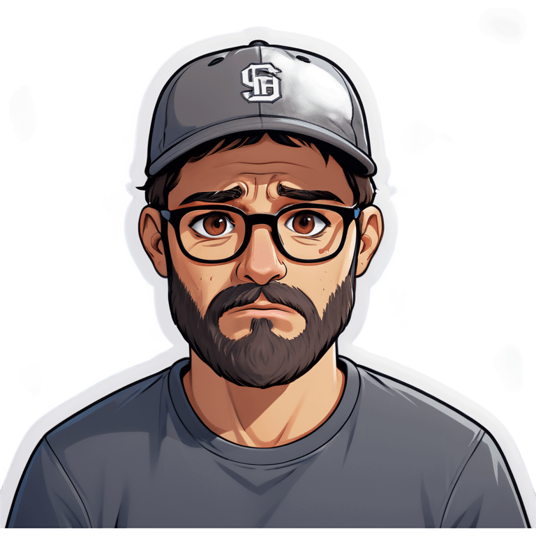 A man with a grey baseball cap, hazel eyes, big dark brown beard and glasses, crying emoji