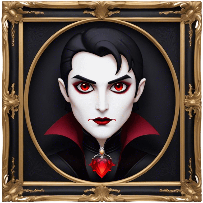 Cinematic Noble Vampire Portrait Emoji, Elegant and commanding, with a refined, pale visage framed by dark, velvet accents and a hint of crimson, exuding timeless seduction and dangerous allure, simplified yet exquisitely detailed, glowing with a soft nocturnal radiance and a subtle, mysterious outline that captures the regal spirit of an immortal lord of the night! emoji