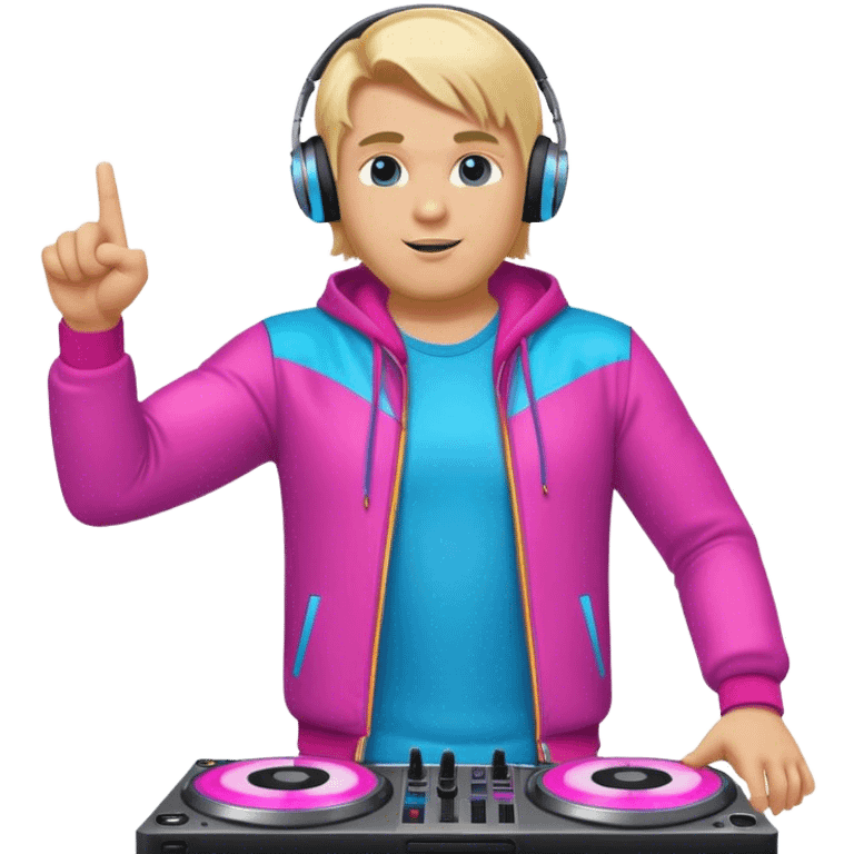 blond big man in colorful dj outfit pointing next to him emoji