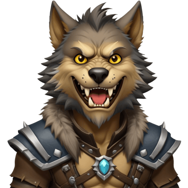 Cinematic Realistic WoW Worgen Portrait, head tilted dramatically with an exaggeratedly amused expression, blending ferocious beastliness with a touch of unexpected humor. His rugged fur, tanned skin, and worn leather garments are rendered with meticulous detail and dynamic lighting, high shine, dramatic yet whimsical, capturing the essence of a worgen whose epic might is tempered by a playful, irreverent charm. emoji