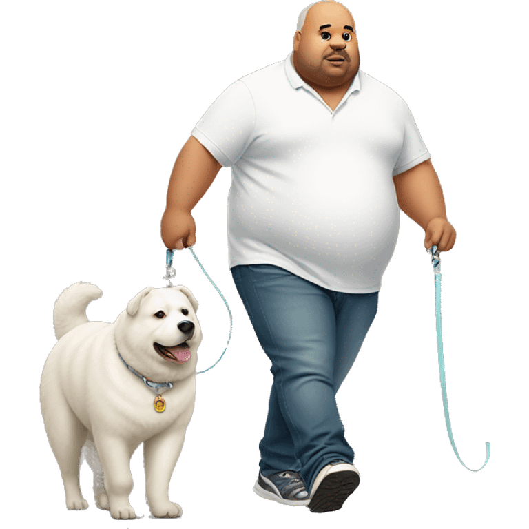 Fat man wearing a yam-aka walking a white bear dog on a leash  emoji