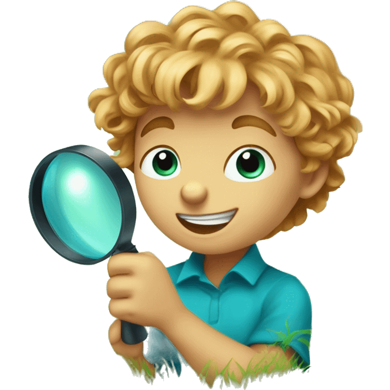 Little boy with blue/turquoise eyes, no glasses, and strawberryblonde slighty wavy hair crouching down low in a lot of green grass. He is holding a magnifying glass, closely examining nature and looking happy/curious emoji