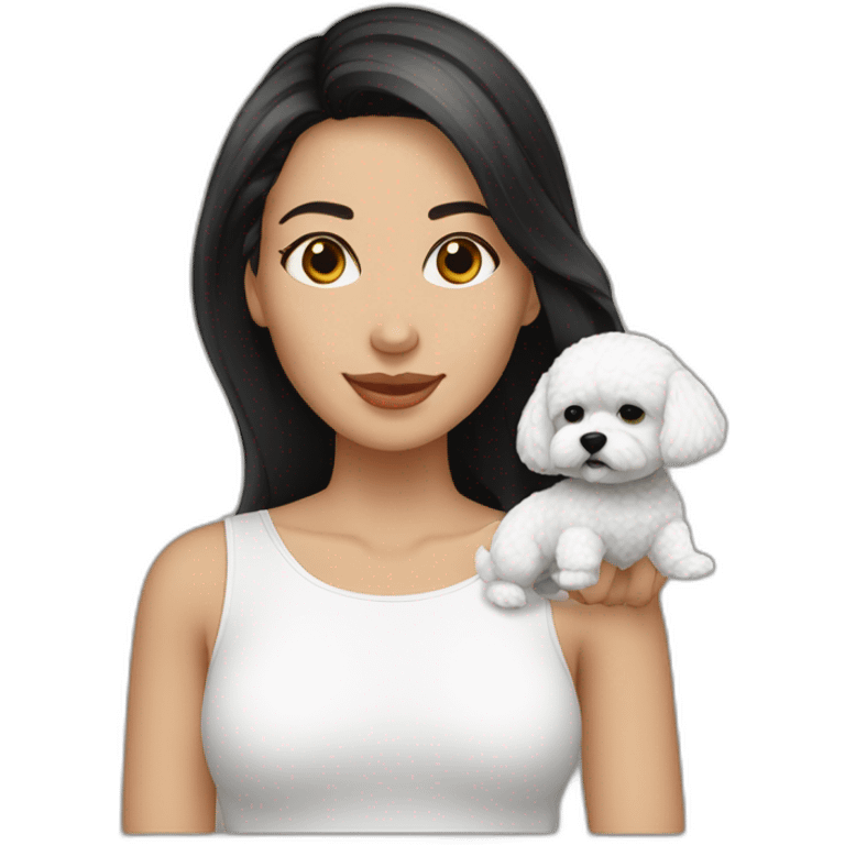 mujer piel blanca cabello negro con perro bichon blanco emoji