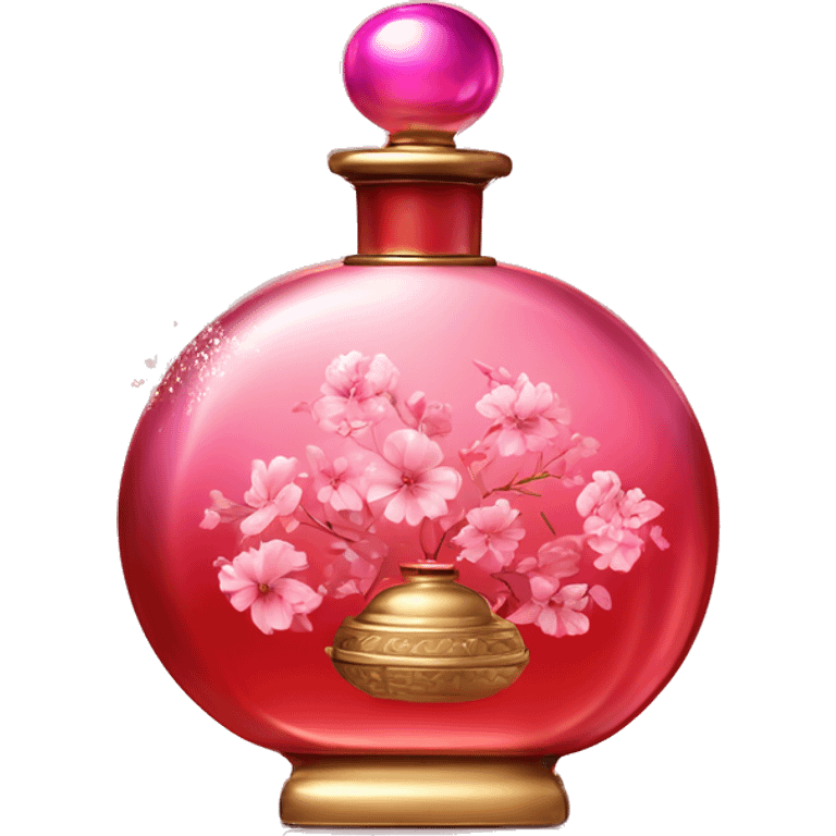 An antique perfume gradient red and pink bottle in oriental style, oil perfumes inside, sequins and flowers flying around emoji