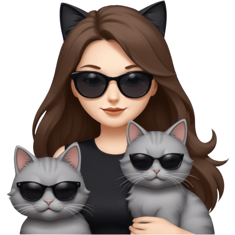 White woman with long brown hair wearing dark sunglasses and a black dress. She is smirking. next to her is a fluffy light grey cat who is also wearing dark sunglasses. The wind is blowing their hair and they are having fun emoji