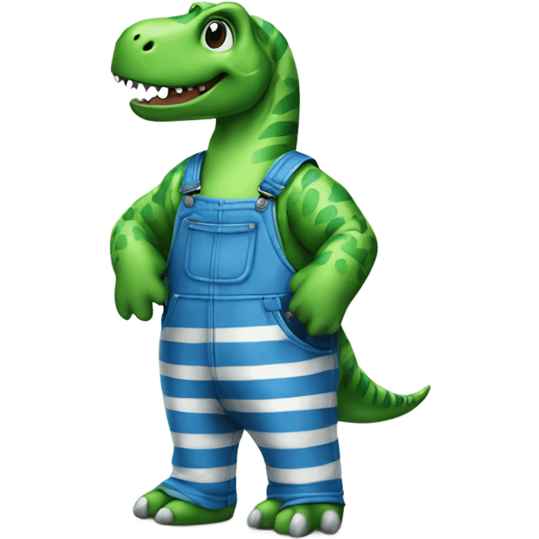 Green Dinosaur in a blue and white striped overalls emoji