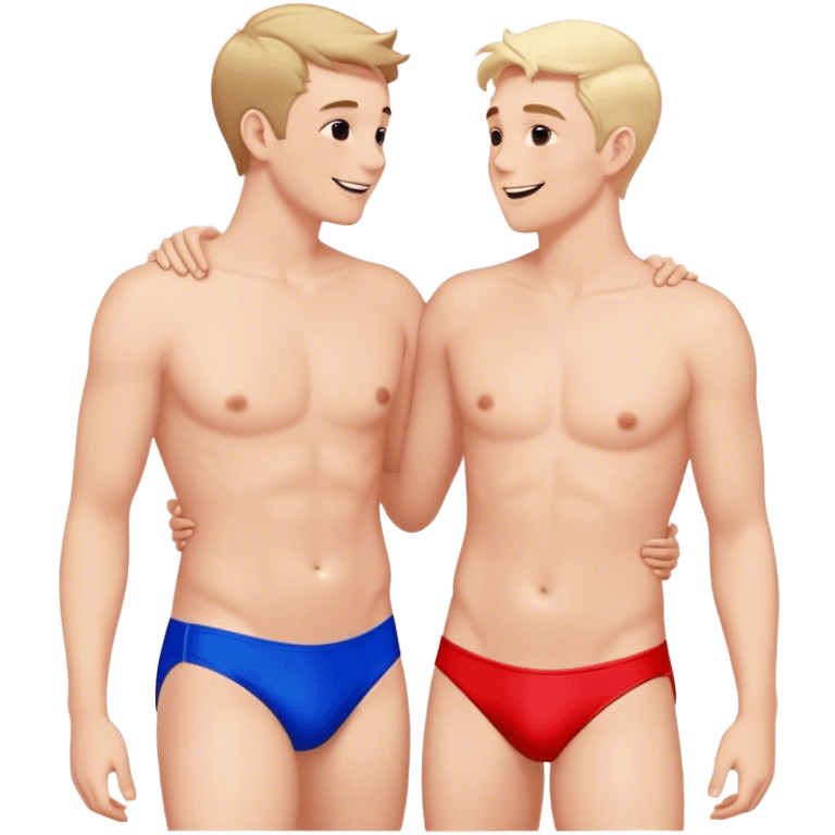 Two gay white men in Valentine’s Day in love, wearing red and blue swimwear emoji