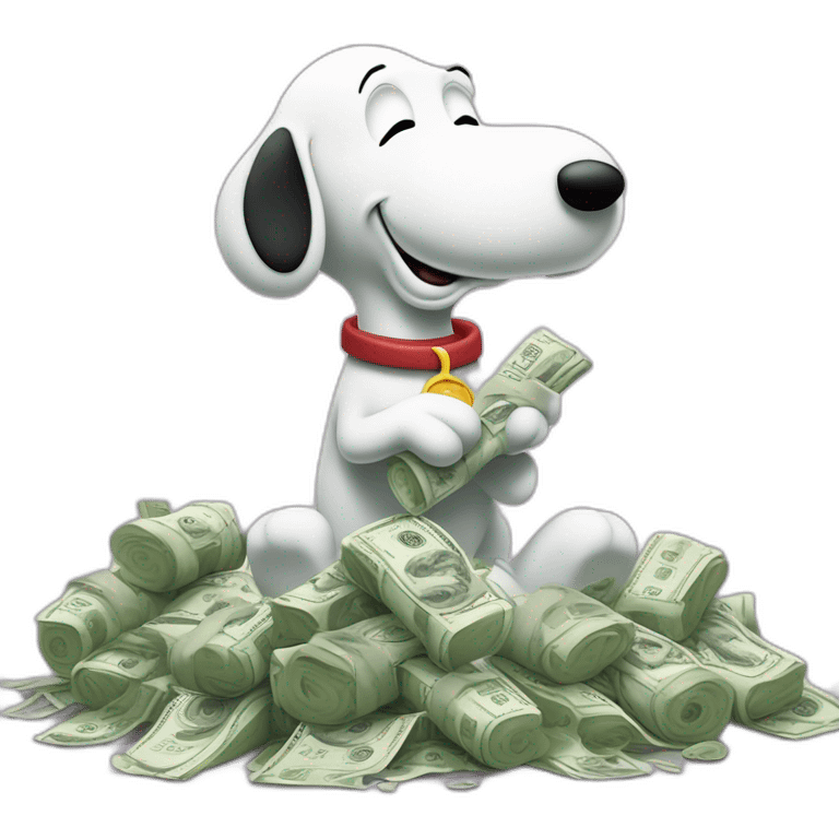 Rolled up dollar bill, held by snoopy in his paw hand pressed against his snout leaning over a pile of sugar and sniffing a pile of sugar through the dollar emoji