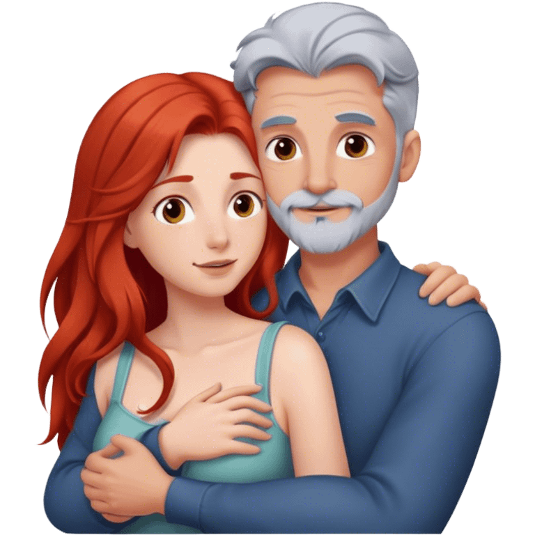 Long red hair woman and young gray hair man with facial hair hugging emoji