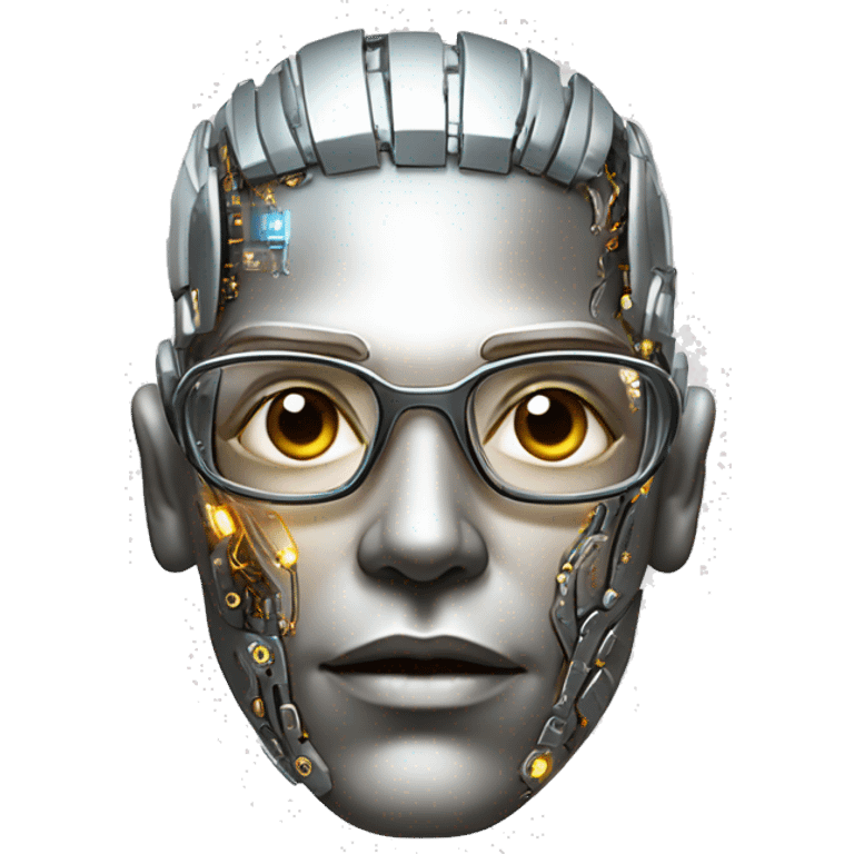 Male cyborg head with metallic skin, flat top, rectangular glasses and circuits emoji