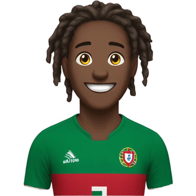  Young black man- 4 inch short black nappy messy dread locks-  low eyebrows - low eyes - no facial hair laughing Portugal jersey lean crazy smile  emoji