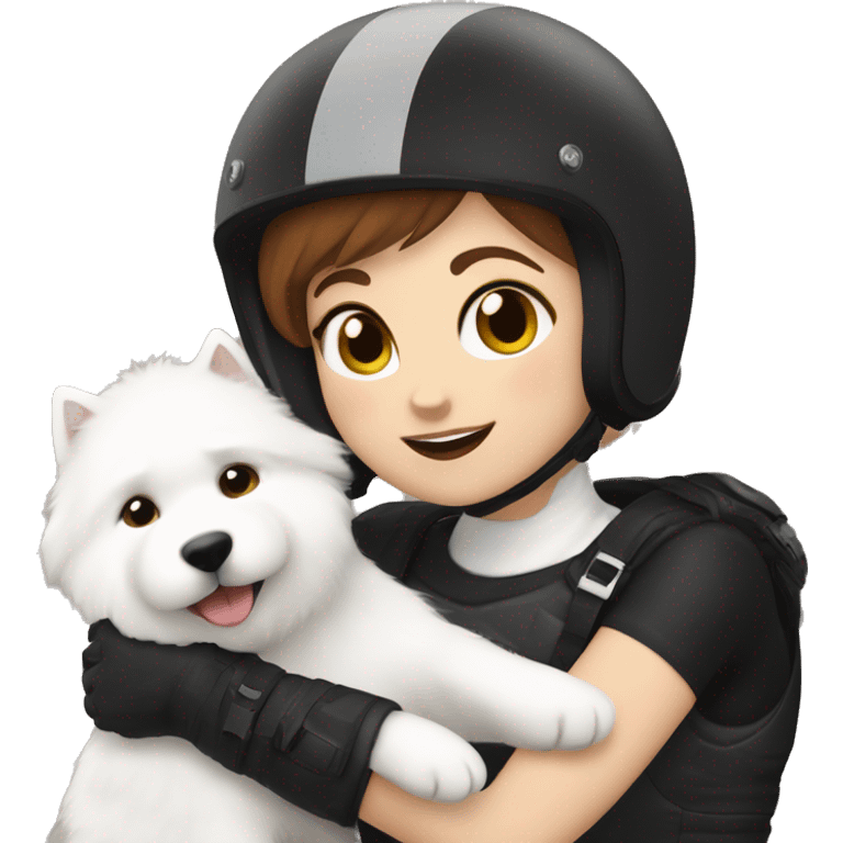 Girl biker white skin and brown short hair with a agv black helmet hugging a white Samoyed emoji