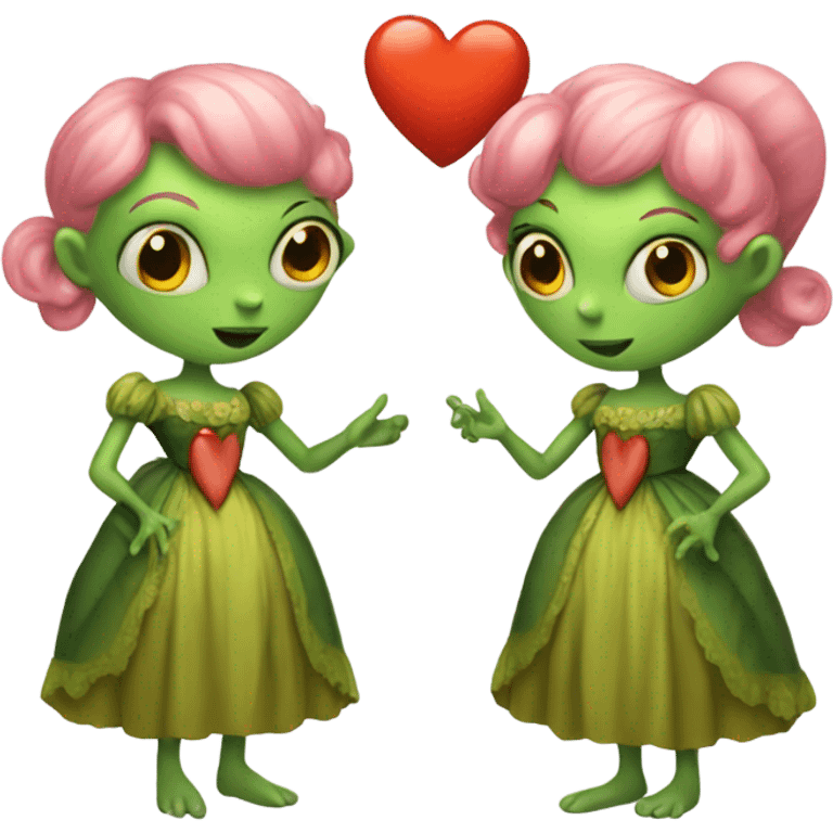 a green alien woman in Victorian orange dress, pink hair,holdig, red big hearth, full body emoji