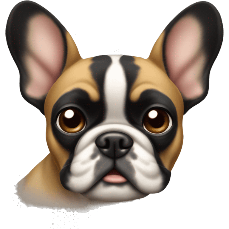 A small, black-and-tan French bulldog with a mostly black face and tan paws, tilting its head slightly with wide, puzzled eyes and a slightly furrowed brow, perhaps with a small question mark near its head emoji