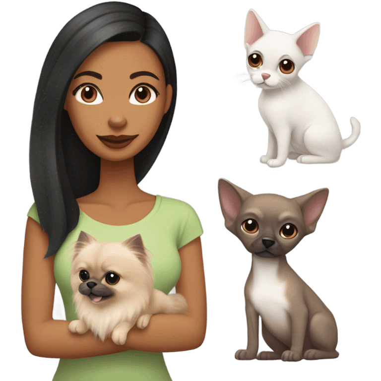 Latino woman with black staight hair and brown eyes is holding a grey sphynx cat and a ginger pomeranian dog emoji