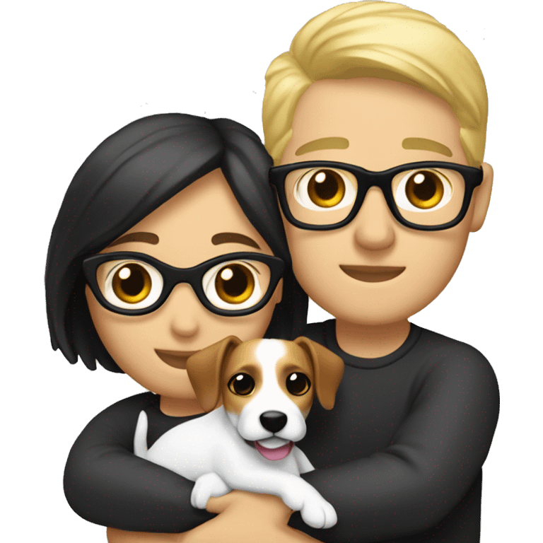 A couple cuddling a jack Russell, the men is white and have black hair and glasses and the woman is blonde but without glasses  emoji