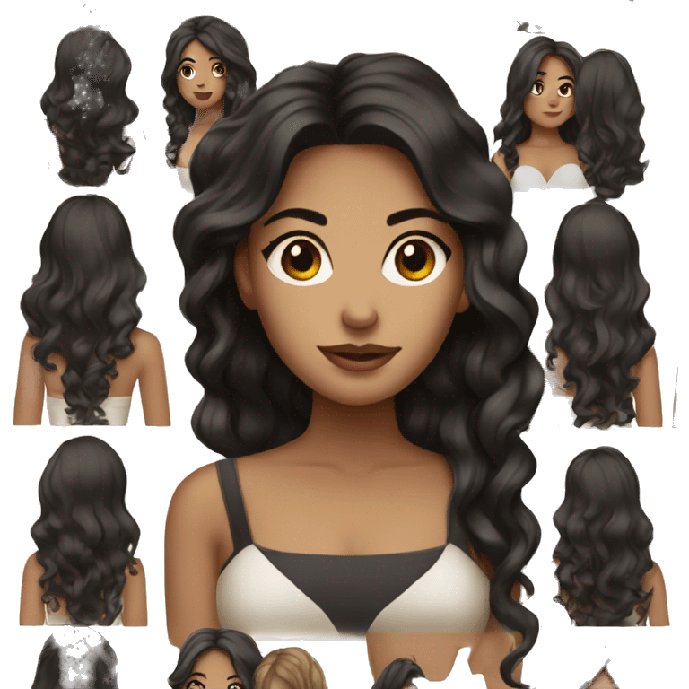 back side of a brown women, with black hair, a white crop top, wavy long hair emoji