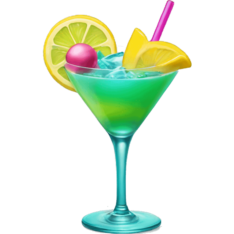 Bluish green cocktail with pink and yellow emoji