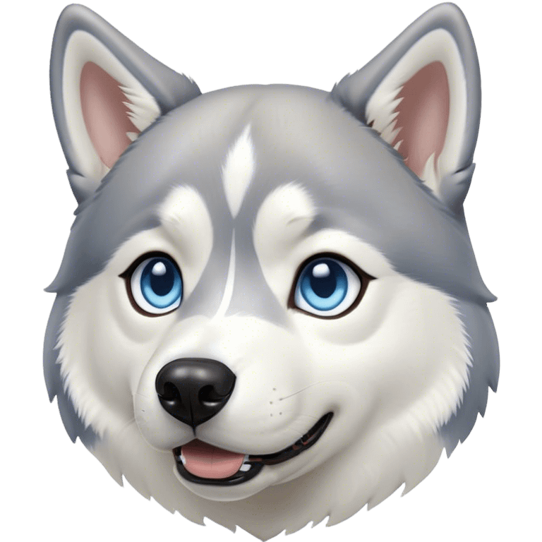 Cinematic Cute Siberian Husky Portrait Emoji, Head tilted playfully and inquisitively, featuring a lush grey and white coat with striking accents, round, sparkling icy blue eyes filled with curiosity, Simplified yet irresistibly adorable features, highly detailed, glowing with a crisp, friendly glow, high shine, affectionate and lively, stylized with a touch of whimsy, bright and endearing, soft glowing outline, capturing the essence of a mischievous yet loving pup, so playful it feels like it could dash out of the screen and into your arms! emoji