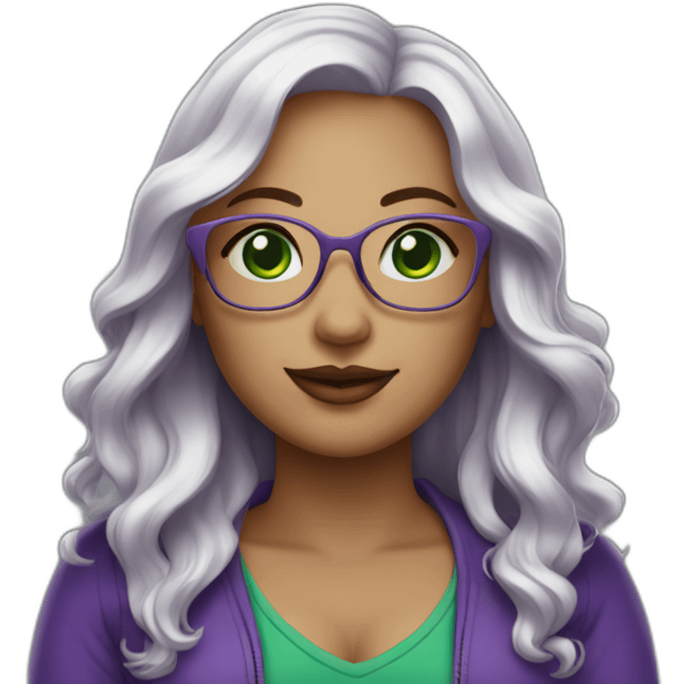 curvy-woman-white, purple-long-wavy-hair, green-eyes-square-glasses emoji