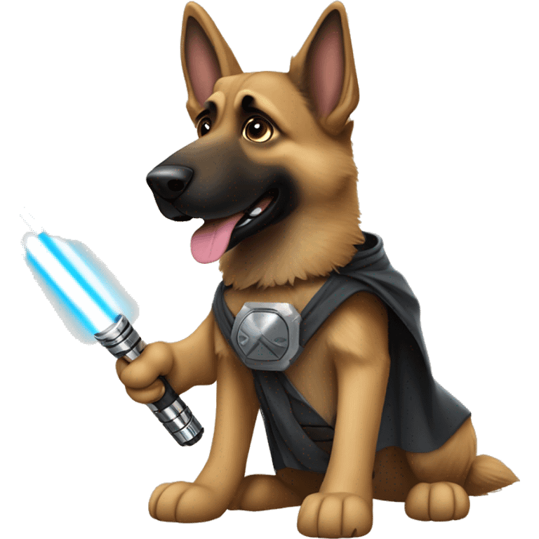 German shepherd dressed as Luke skywalker with a light saber emoji