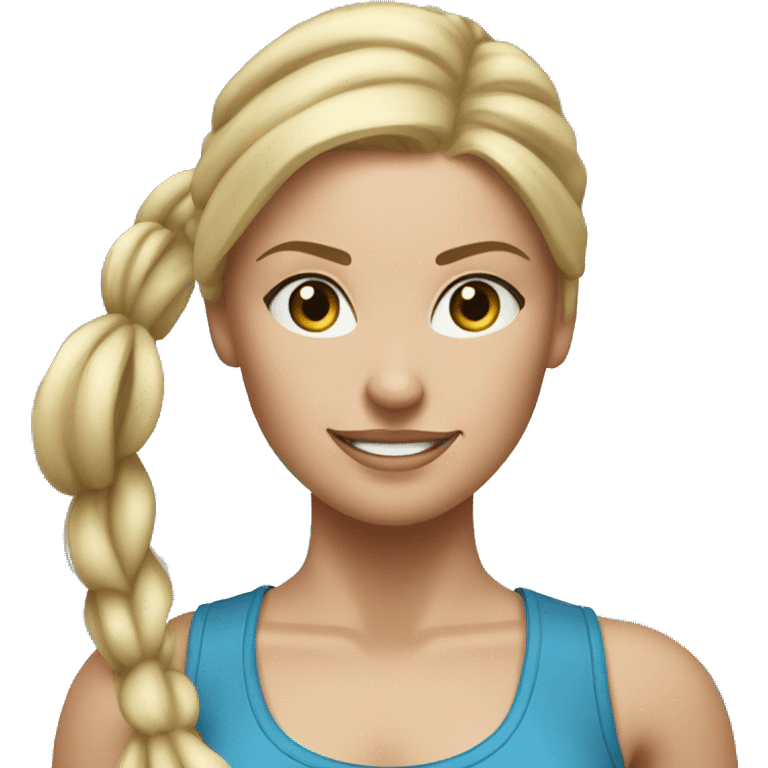 Blond woman with pony tail doing warrior 2 on blue yoga mat emoji