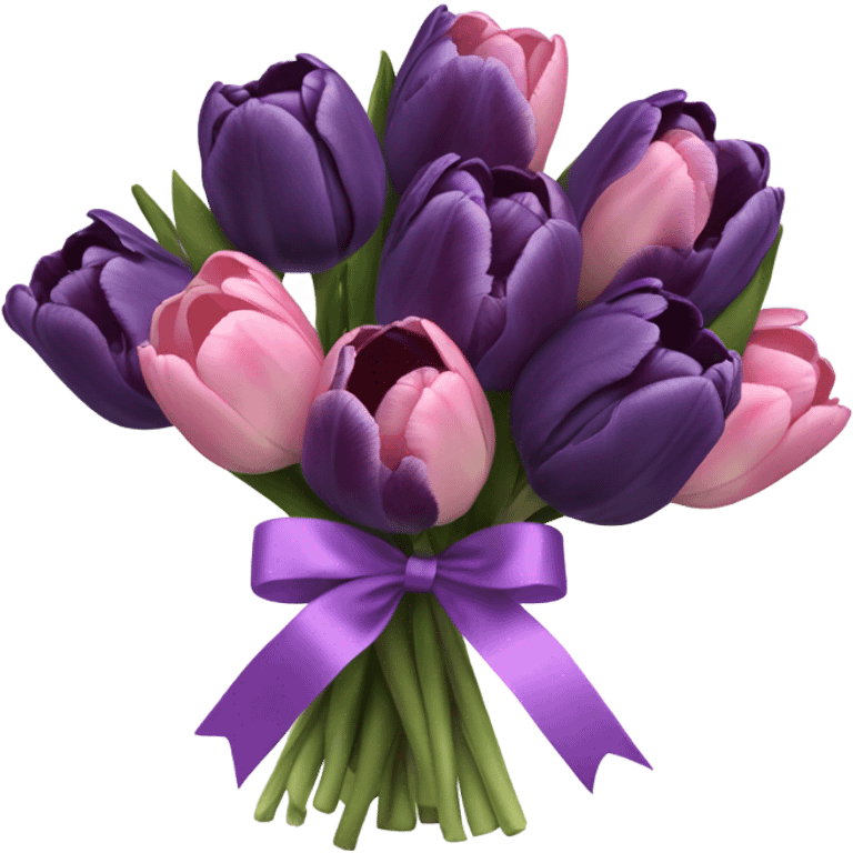 beautiful aesthetic bouquet composed of dark purple and light pink tulips tied with a silk purple ribbon emoji