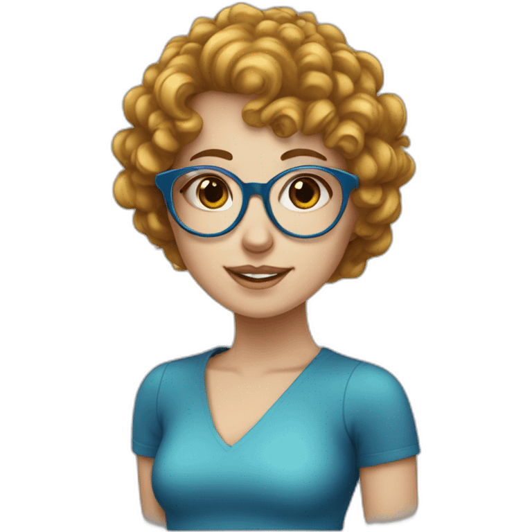 white girl with blue curly hair, bangs, round glasses emoji