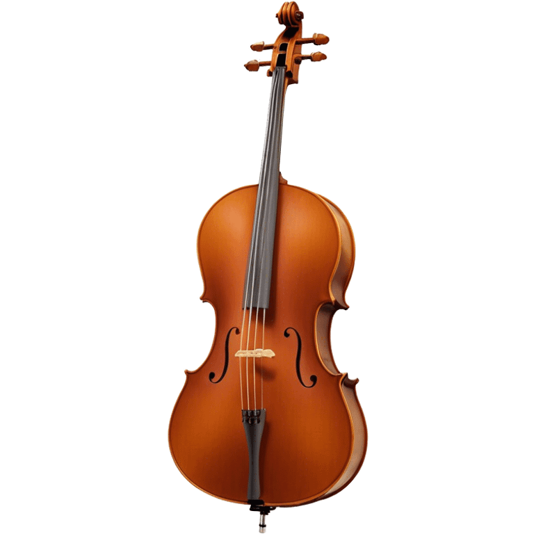 Create an elegant and refined emoji representing the Cremona 4/3F 4/4 cello with a Hans Klein HKCB bow. The design should feature the curved wooden body of the cello with a rich, glossy finish, capturing its classical shape and intricate details. The bow should be displayed with fine craftsmanship, highlighting the hair and the smooth, polished wooden stick. Include subtle musical notes floating around the instrument to emphasize its rich, melodic sound. Use deep wood tones like chestnut brown, gold accents for the fittings, and soft lighting effects to give the instrument a timeless, professional feel. The background should be transparent. emoji