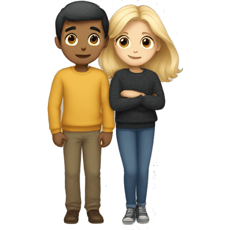 A boy and a girl in wide pants and sweaters hug, the boy has blond hair, and the girl has dark hair emoji