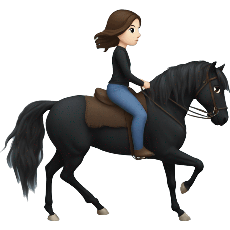 Girl with white skin, blue eyes and brown hair riding a Black horse with long mane and dark eyes. We see them from the side, they are causally walking emoji