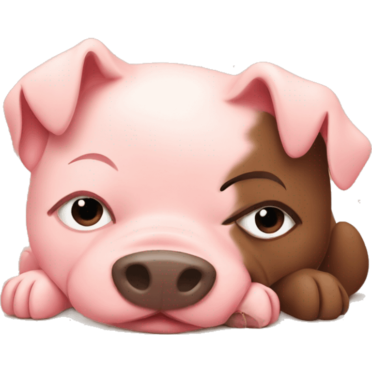 Brown cute dog cuddling cute pig emoji