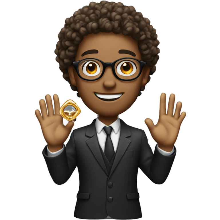 Man with curly hair and round glasses proposing with a gold diamond ring emoji