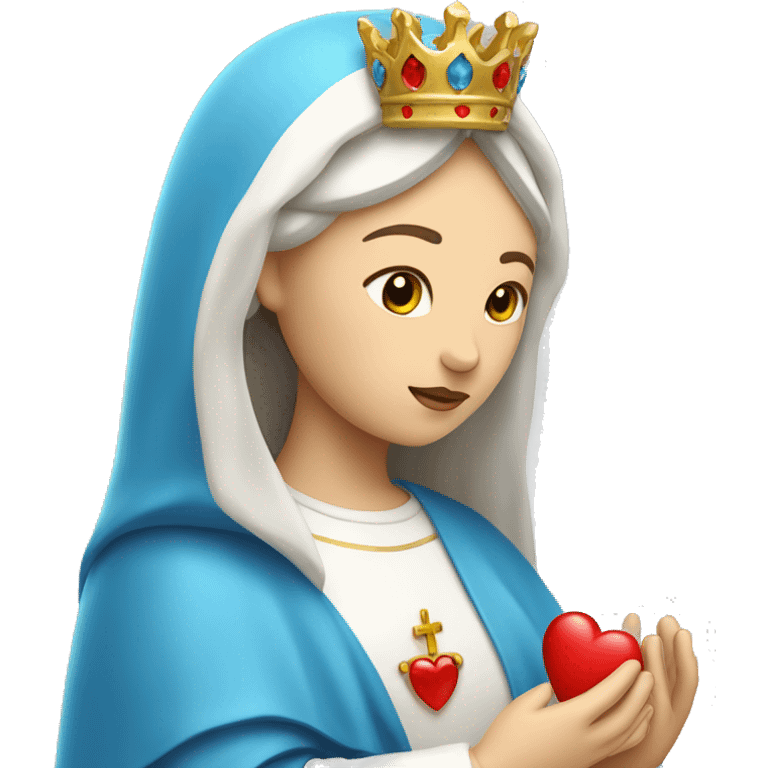 holy mary with a crown, blue veil, white clothes, white skin, holding a red heart in her hands emoji