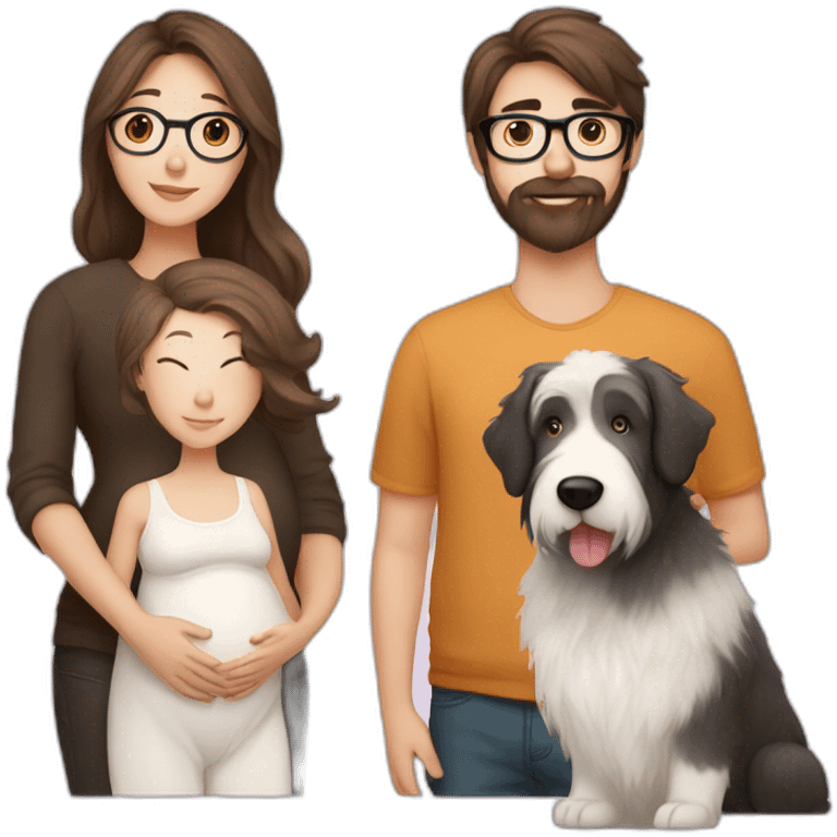 Pregnant girl with half long brown hair with glasses, a boy with long beard, glasses and short hair and english sheepdog emoji