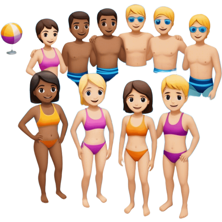 Group of happy community members next to a swimming pool emoji