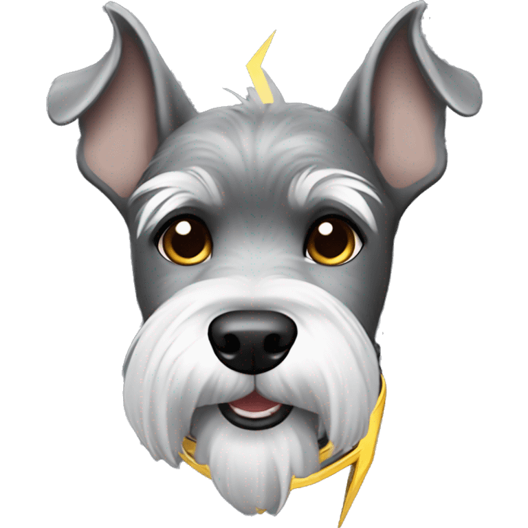 Gray schnauzer with pointy ears wearing a lightning bolt collar emoji