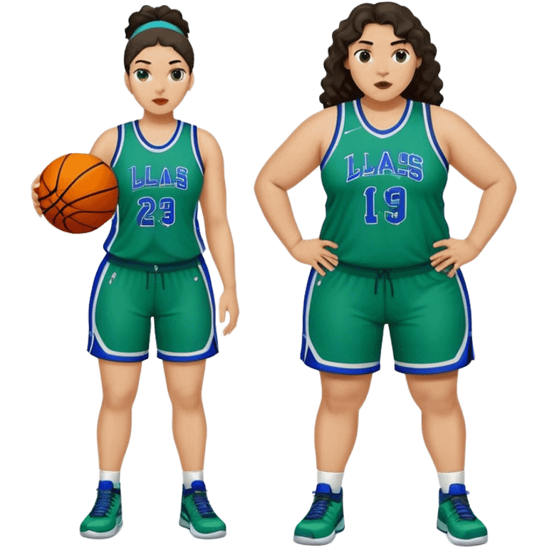 full body plus size light skin latino women basketball player with wavy dark hair large widenose wearing blue and green uniform emoji